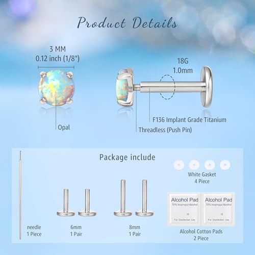limerencia G23 Hypoallergenic 18g Flat Back Stud Earrings | F136 Implant Grade Titanium Pressfit Threadless Push Pop in Cartilage Helix Labret Lip Monroe Tragus Flat Back Piercing Studs - color: 3mm White Opal Silver