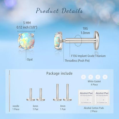 limerencia G23 Hypoallergenic 18g Flat Back Stud Earrings | F136 Implant Grade Titanium Pressfit Threadless Push Pop in Cartilage Helix Labret Lip Monroe Tragus Flat Back Piercing Studs - color: 3mm White Opal Silver