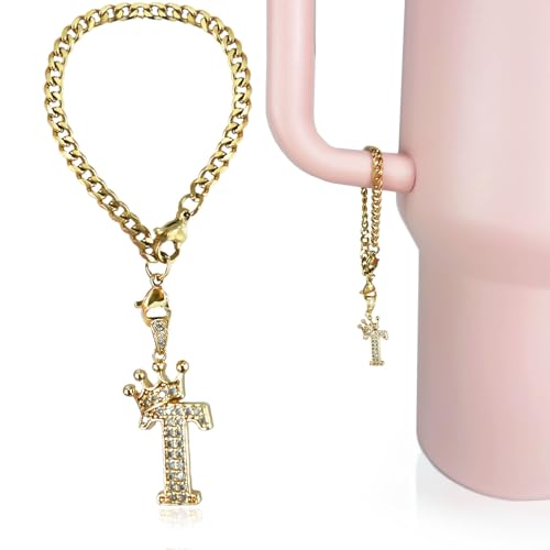 Cup Charms for Stanley Handle- Crown Letter Charms Accessories for Stanley Handle 40 Oz Tumblers Gold Initial Keychain Water Bottle Cup with Diamond Glitter Jewelry Personalized Decorations T - color: Letter T