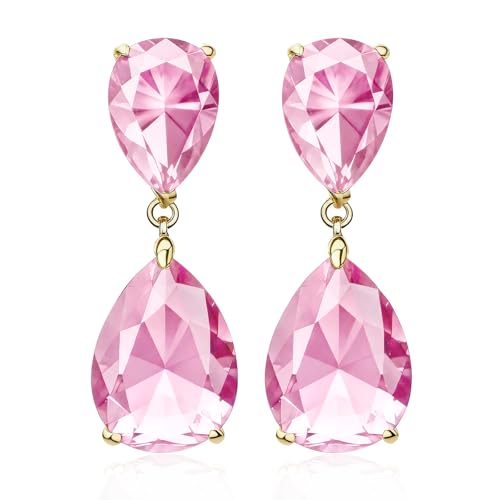 Teardrop Crystal Drop Earrings for Women, 14K Gold Plated Large Double Teardrop Dangle Earrings,Rhinestone Earrings for Wedding Prom Bridesmaid Party,Emerald/Red/Blue/Black/Pink/White Statement Earrings - color: pink