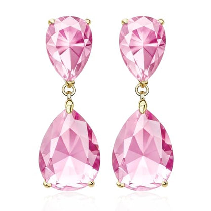 Teardrop Crystal Drop Earrings for Women, 14K Gold Plated Large Double Teardrop Dangle Earrings,Rhinestone Earrings for Wedding Prom Bridesmaid Party,Emerald/Red/Blue/Black/Pink/White Statement Earrings - color: pink
