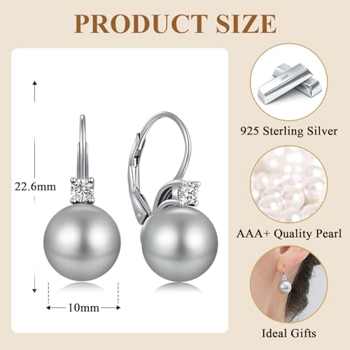 925 Sterling Silver Pearl Leverback Earrings for Women Cubic Zirconia Pearl Jewelry 10MM - color: A: Leverback-Light Gray