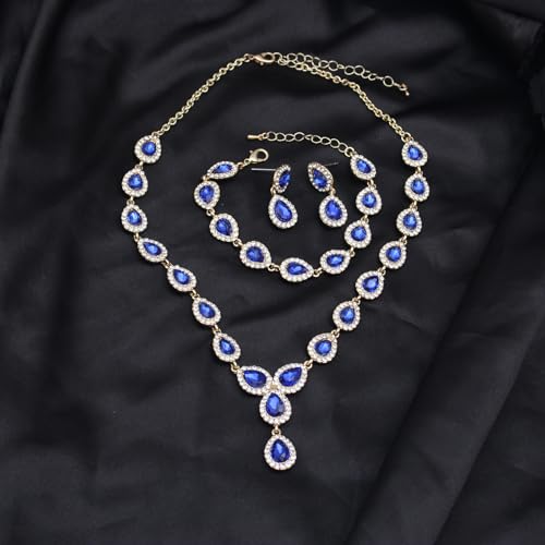 Austrian Crystal Rhinestone Necklace Dangle Earrings Link Bracelet Jewelry Set for Brides Bridesmaid Prom Costume Accessories for Women - color: Blue-Gold Plated