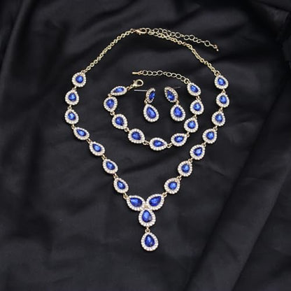 Austrian Crystal Rhinestone Necklace Dangle Earrings Link Bracelet Jewelry Set for Brides Bridesmaid Prom Costume Accessories for Women - color: Blue-Gold Plated