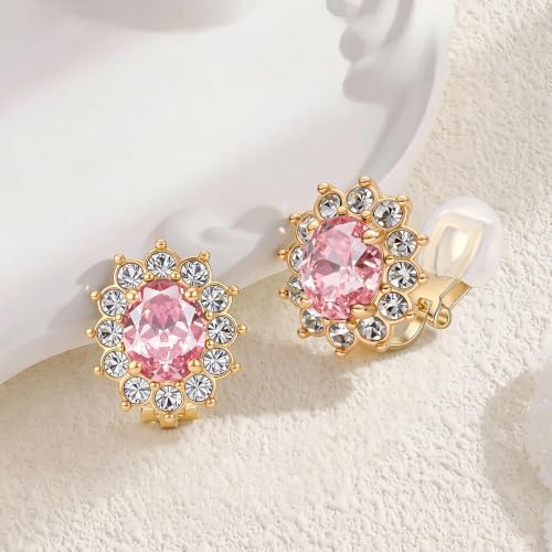 EVEVIC Oval Austrian Crystal Halo Clip On Earrings for Women | Oval Austrian Crystal with Zircon Halo,14K Gold-Plated,Silicone Comfort Pad,Gift Box Included,For Daily and Evening Events - color: Pink