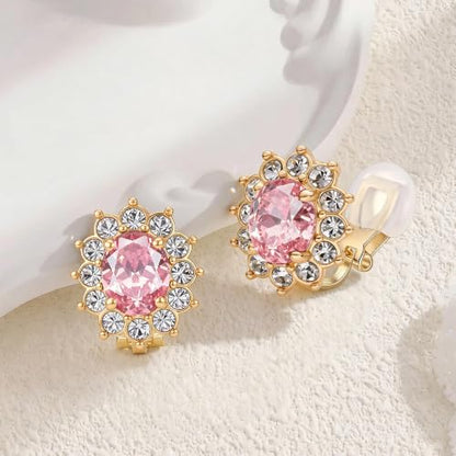 EVEVIC Oval Austrian Crystal Halo Clip On Earrings for Women | Oval Austrian Crystal with Zircon Halo,14K Gold-Plated,Silicone Comfort Pad,Gift Box Included,For Daily and Evening Events - color: Pink