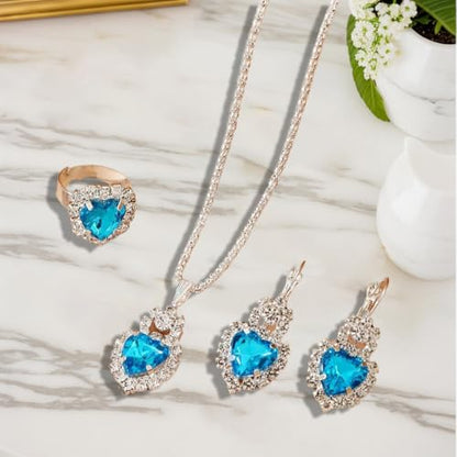 Jewelry Set for Women Love Heart Alloy Artificial Crystal Earrings Pendant Necklace Ring Wedding Party Prom Anniversary Birthday Engagement for Bridal Bridesmaid Girlfriend - color: blue Heart