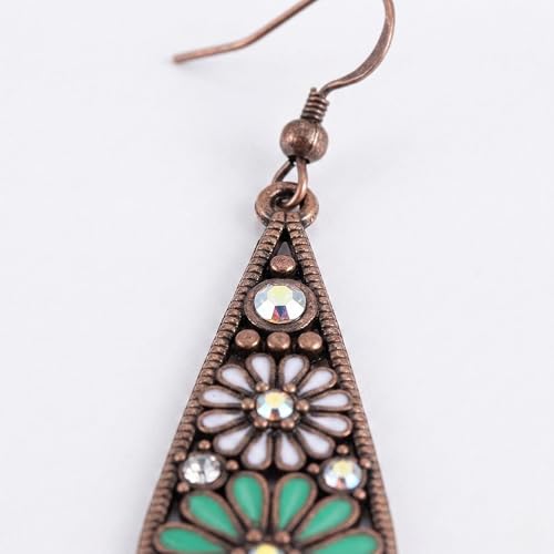 Bohemian Crystal Teardrop Dangle Earrings, Copper, Tribal Geometric Design, Handmade National Style for Women - color: Light Green
