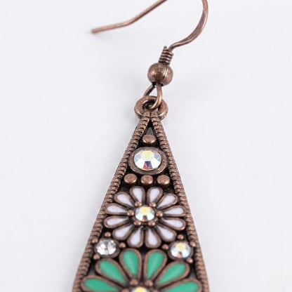 Bohemian Crystal Teardrop Dangle Earrings, Copper, Tribal Geometric Design, Handmade National Style for Women - color: Light Green