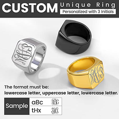 GoldChic Jewelry Personalized Signet Rings Men Women, Stainless Steel Custom Photo Bold Square/Oval Monogram/Old English Initial Pinky Stacking Statement Ring in Black/Silver/Gold (Size 7-14) - color: Black-Monogram -Square