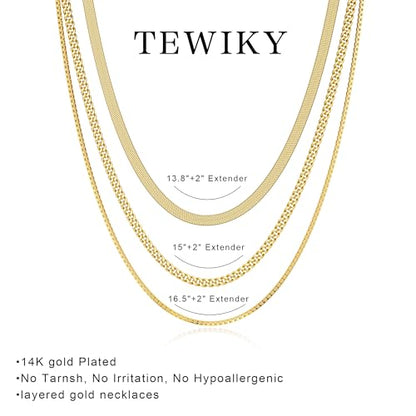 Tewiky Layered Necklaces for Women 14k Gold Plated Chain Necklace Set | Chunky Herringbone/Snake/Rope/Box/Cuban Link Chain for Women, Layering Stack Choker Necklace, Dainty Jewelry Set Non Tarnish - color: 3 Snake Cuban Box Gold