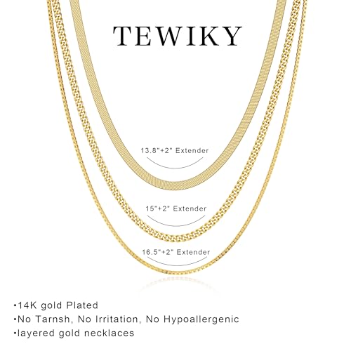 Tewiky Layered Necklaces for Women 14k Gold Plated Chain Necklace Set | Chunky Herringbone/Snake/Rope/Box/Cuban Link Chain for Women, Layering Stack Choker Necklace, Dainty Jewelry Set Non Tarnish - color: 3 Snake Cuban Box Gold