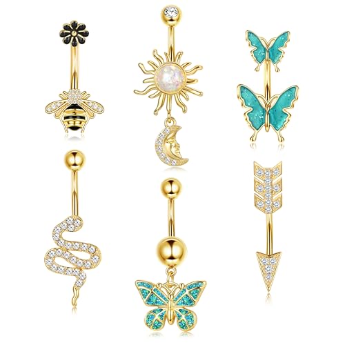 Dochais Belly Buton Rings Surgical Stainless Steel Belly Button Ring for Women Dangle Belly Button Rings Butterfly Cubic Zirconia Navel Barbell Body Piercing - color: Gold