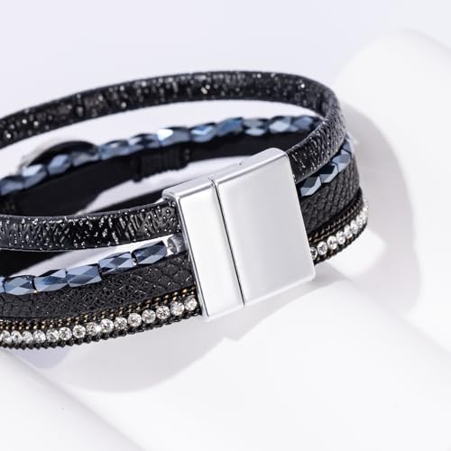 Boho Leather Wrap Bracelets Beaded Stackable Cuff Bracelet Country Concert Outfits Cowboy Cowgirl Western Jewelry Gifts for Women - color: Stone-Black