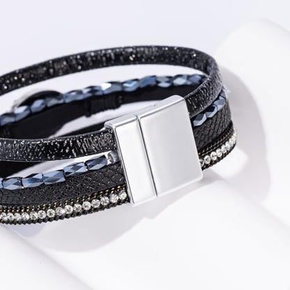 Boho Leather Wrap Bracelets Beaded Stackable Cuff Bracelet Country Concert Outfits Cowboy Cowgirl Western Jewelry Gifts for Women - color: Stone-Black