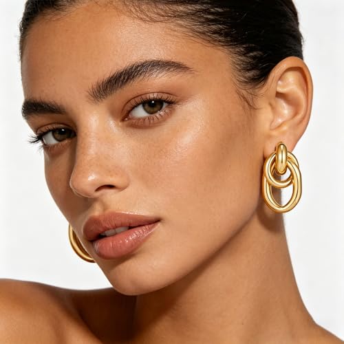 Gold Chunky Earrings for Women Geometric Knot Link Drop Dangle Earrings 14K Gold Plated Statement Earrings Trendy Gold Jewelry - color: Style 1