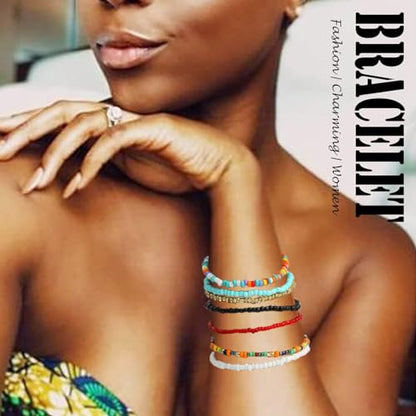 Boho Handmade Beaded African Anklets Multicolor Women Stretch Seed Beads Rainbow Ankle Bracelets Glass Bead Bracelet Elastic Foot and Hand Chain Jewelry (7PCS)