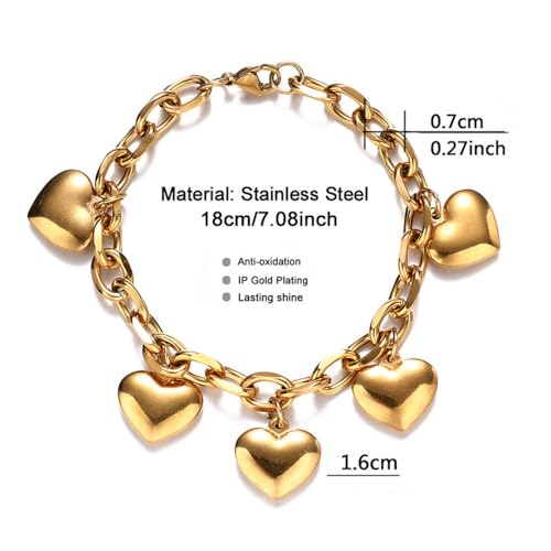 Stainless Steel Heart Charms Bracelet for Women | Chain Tassel, Love Charms, Chunky Link, Romantic Gift - color: Gold