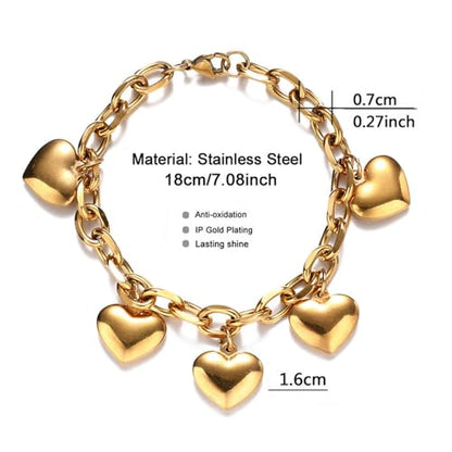 Stainless Steel Heart Charms Bracelet for Women | Chain Tassel, Love Charms, Chunky Link, Romantic Gift - color: Gold