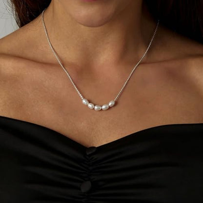 Pearl Necklace for Women, Dainty Pearls Choker Necklace for Women 14K Gold Plated Layered Pendant Necklace Handmade Gold Chain Necklace Everyday Jewelry Gift - color: Five Pearls-Silver