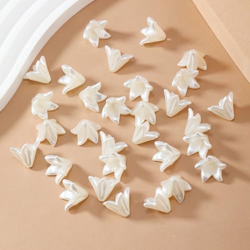 130Pcs Acrylic Lily Flower Beads for Jewelry Making Imitation Pearl Trumpet Floral Charm Bead Caps Aesthetic Beads for Earrings Necklace Bracelet DIY Craft Accessories Supplies(Ivory White) - color: Ivory White