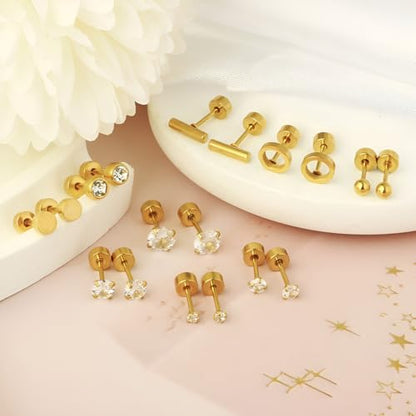 Stainless Steel Stud Earring 1 Pair Gold Flatback Earrings Hypoallergenic Screwback Jewellery Flat Back Helix Jewelry for Sensitive Ears Women Ladies Aretes De Mujer - style: 3-Ball