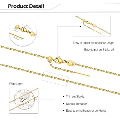 Crisjanggo 10 Pack Gold Plated Cable Chain for Jewelry Making Stainless Steel Chain Bulk 20 Inch Adjustable Necklace with Rubber Stopper Beads for Women - color: Gold Cable