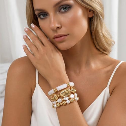 GOOJIDS Simple Beaded Gold Plated Bangles Bracelet Chunky Bamboo Tube Curved Stacking Clear Acrylic Colorful Beads Stretchable Gold Plated Bracelets Set For Women - color: T Chunky Gold Beads Set