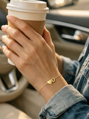 KeyStyle Initial Heart Bracelet for Women Waterproof Stainless Steel Chain | 14K Gold Plated /Silver A-Z Letter Adjustable Charm Bracelet, Hypoallergenic Non Tarnish Dainty Gift for Everyday Wear - color: 14K Gold Plated-U