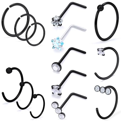 20g Nose Rings Hoops L Shaped Studs Gold/Black/Rainbow Piercings Jewelry for Women Hypoallergenic Surgical Stainless Steel - color: Black