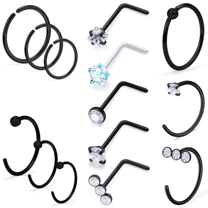 20g Nose Rings Hoops L Shaped Studs Gold/Black/Rainbow Piercings Jewelry for Women Hypoallergenic Surgical Stainless Steel - color: Black