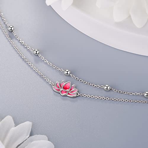 Anklet for Women S925 Sterling Silver Adjustable Foot Charm Ankle Bracelet Anklets Jewelry 9.5-10.5 Inches - color: Yoga Lotus（Pink)