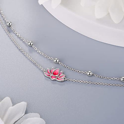 Anklet for Women S925 Sterling Silver Adjustable Foot Charm Ankle Bracelet Anklets Jewelry 9.5-10.5 Inches - color: Yoga Lotus（Pink)