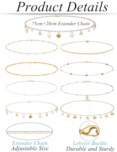 Gold Starfish Waist Chain for Women 18k Gold Plated Belly Chain Belt Layered Seashell Pearl Conch Beads Sequin Satellite Body Chains Sexy Bikini Summer Vacation Beach Jewelry Adjustable - color: 8 Pcs Gold