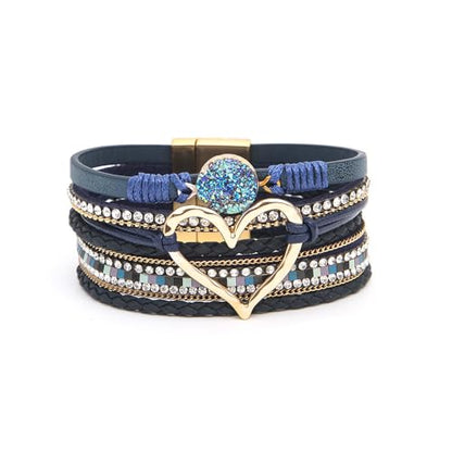 Fuqimanman2020 Heart Leather Wrap Bracelets Boho Stackable Cuff Bangles Resin Stone Rhinestone Bracelets with Clasp Christmas Jewelry Gift for Women - color: Blue