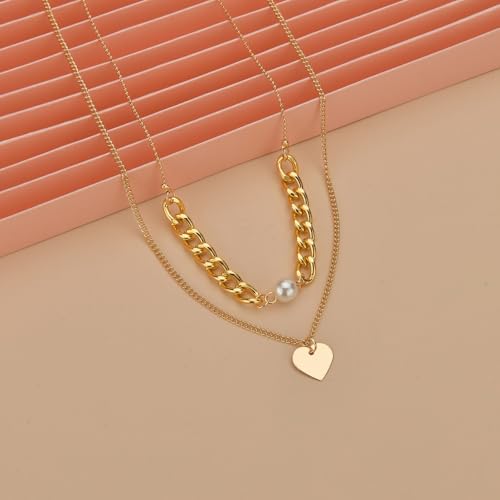 Cross Necklace 14K Gold Plated Double-Layer Heart Pendant Pearl Brightly Jewelry - style: 14K Gold 2-Layered Pearl+Heart