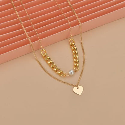 Cross Necklace 14K Gold Plated Double-Layer Heart Pendant Pearl Brightly Jewelry - style: 14K Gold 2-Layered Pearl+Heart