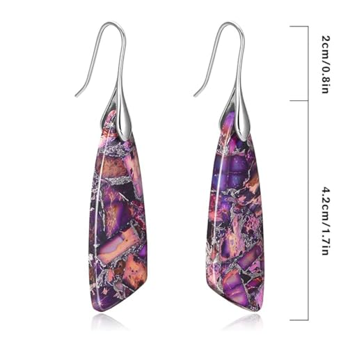 Boho Natural Imperial Jasper Teardrop Dangle Earrings for Women – Hypoallergenic French Hook Stone Drop Earrings Jewelry - color: Purple Silvery Hook