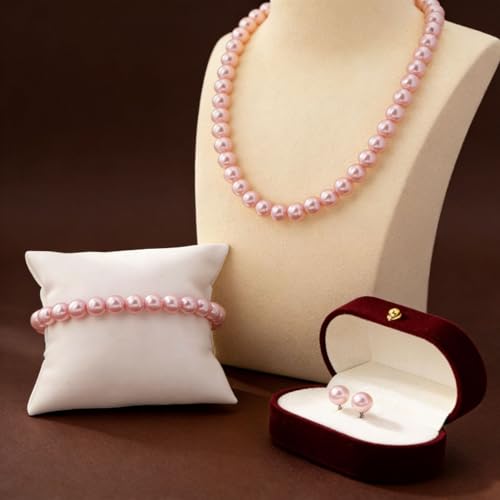 FORUBUS Imitation Pearl Jewelry Set for Women, 8mm Pearl Bead Necklace Earrings and Bracelet 3-Piece Set, 18" Round Faux Pearl Strand for Wedding, Bridal, Prom - color: Pink