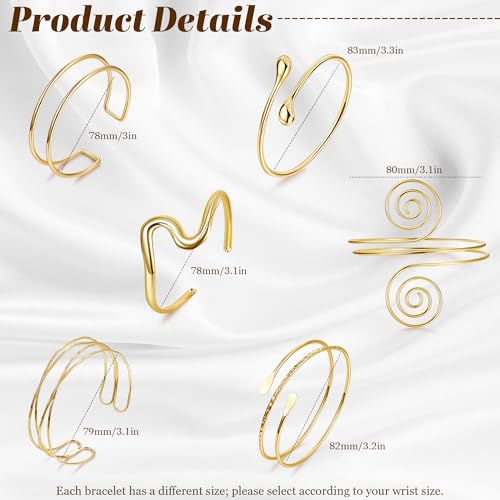 6 Pieces Upper Arm Cuff Arm Band Cuff Bangle Bracelet for Women Hammered Chunky Bracelets Open Wide Wire Bracelets Minimalist Coil Bangle Set Gold Sliver Wrist Cuff Wrap Bracelet Adjustable - color: Gold Cuff Bracelets C