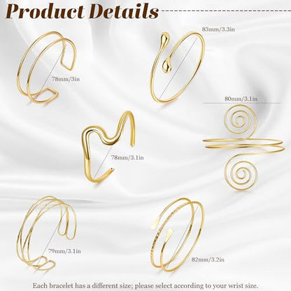 6 Pieces Upper Arm Cuff Arm Band Cuff Bangle Bracelet for Women Hammered Chunky Bracelets Open Wide Wire Bracelets Minimalist Coil Bangle Set Gold Sliver Wrist Cuff Wrap Bracelet Adjustable - color: Gold Cuff Bracelets C