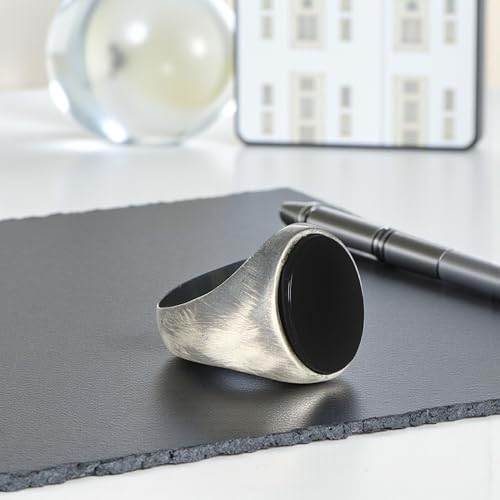 Silver Plated Steel Men's Ring with Oval Onyx Stone – Brushed & Oxidized Finish | Premium Stainless Steel Black Onyx Signet Ring for Men