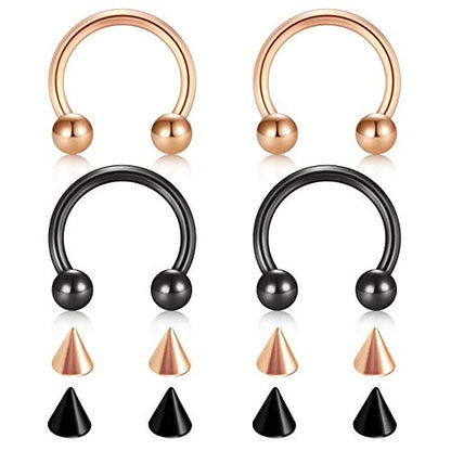 D.Bella 22G 20G 18G 16G 14G 12G 10G 8G 6G 4G 2G 0G 00G Surgical Steel Nose Septum Horseshoe Hoop Eyebrow Lip Navel Belly Nipple Piercing Ring Helix Tragus Daith Rook Captive Earrings Replacement Spikes - color: A8 -4pcs, Rose Gold & black, size: 14g,8mm i