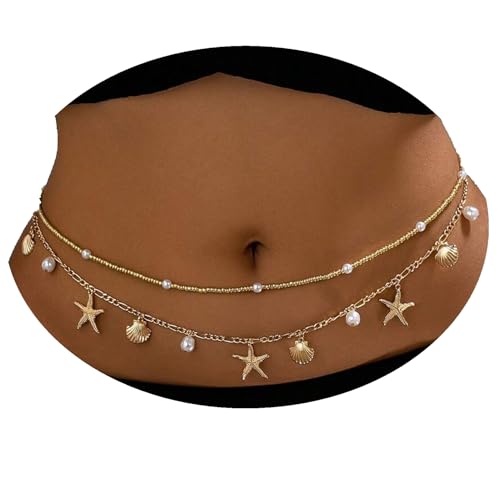 TEBIEKOY Waist Chains for Women, 2 pcs Gold Starfish & Pearl Belly Chain Body Jewelry with Dangle Charms for Beach, Bikini & Summer