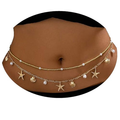 TEBIEKOY Waist Chains for Women, 2 pcs Gold Starfish & Pearl Belly Chain Body Jewelry with Dangle Charms for Beach, Bikini & Summer