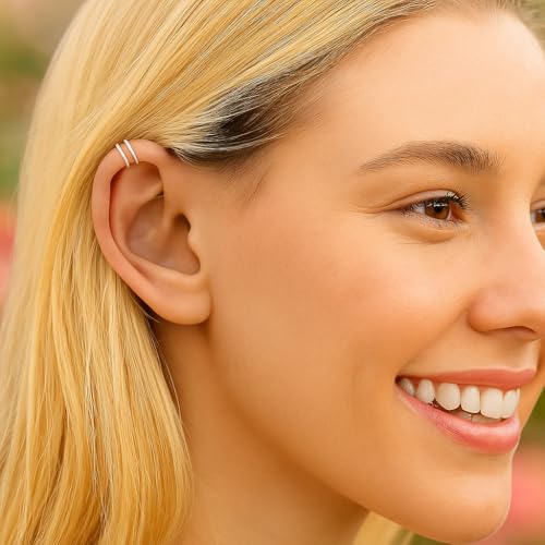 Silver Helix Cartilage Ear Cuff – 20 Gauge Fake Double Hoop Spiral Earring – 925 Sterling Silver Clip-On Cuff, No Piercing Needed