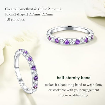 Birthstone Rings Eternity Band 925 Sterling Silver/Yellow Gold-Plated Created Gemstone Stackable Wedding Band 2.7mm Thin Half Eternity Rings for Women Size 6 to 10 - color: 02-Amethyst-Feb.