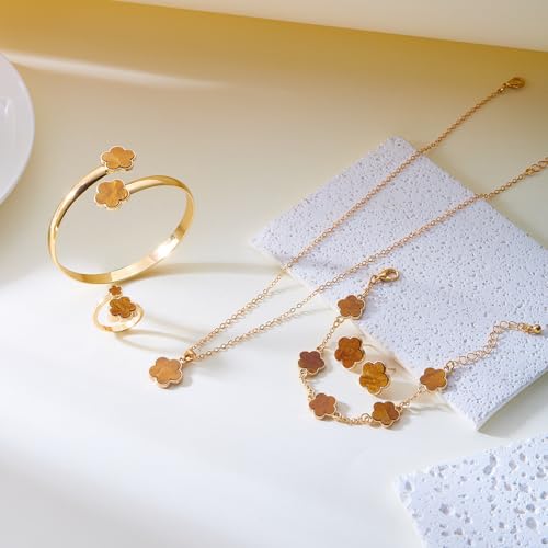 Clover Jewelry Set for Women Non Tarnish Gold-Tone Five Leaf Clover Necklace, Earrings, Ring, Bracelet Fashion Simple Floral Jewelry Set - color: Brown
