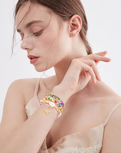 LALAPPLE Shell Bracelet Boho Beaded Stretch Bracelets for Women Seashell Strand Bracelets Starfish Charm Jewelry Summer Beach Jewelry Stackable Crystal Gold Plated Beads Bracelet for Women - style: Style1