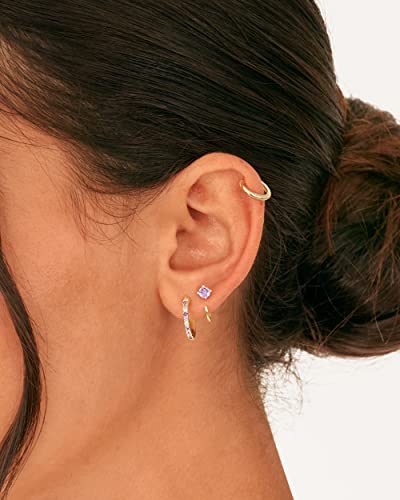 PAVOI 14K Gold 925 Sterling Silver Huggie Half Hoop Earrings for Women | Tiny Boho Colored Cartilage Earring | Blue, Green, Amethyst, Garnet, Black CZ, Turquoise, Opal, Pearl - style: Amethyst